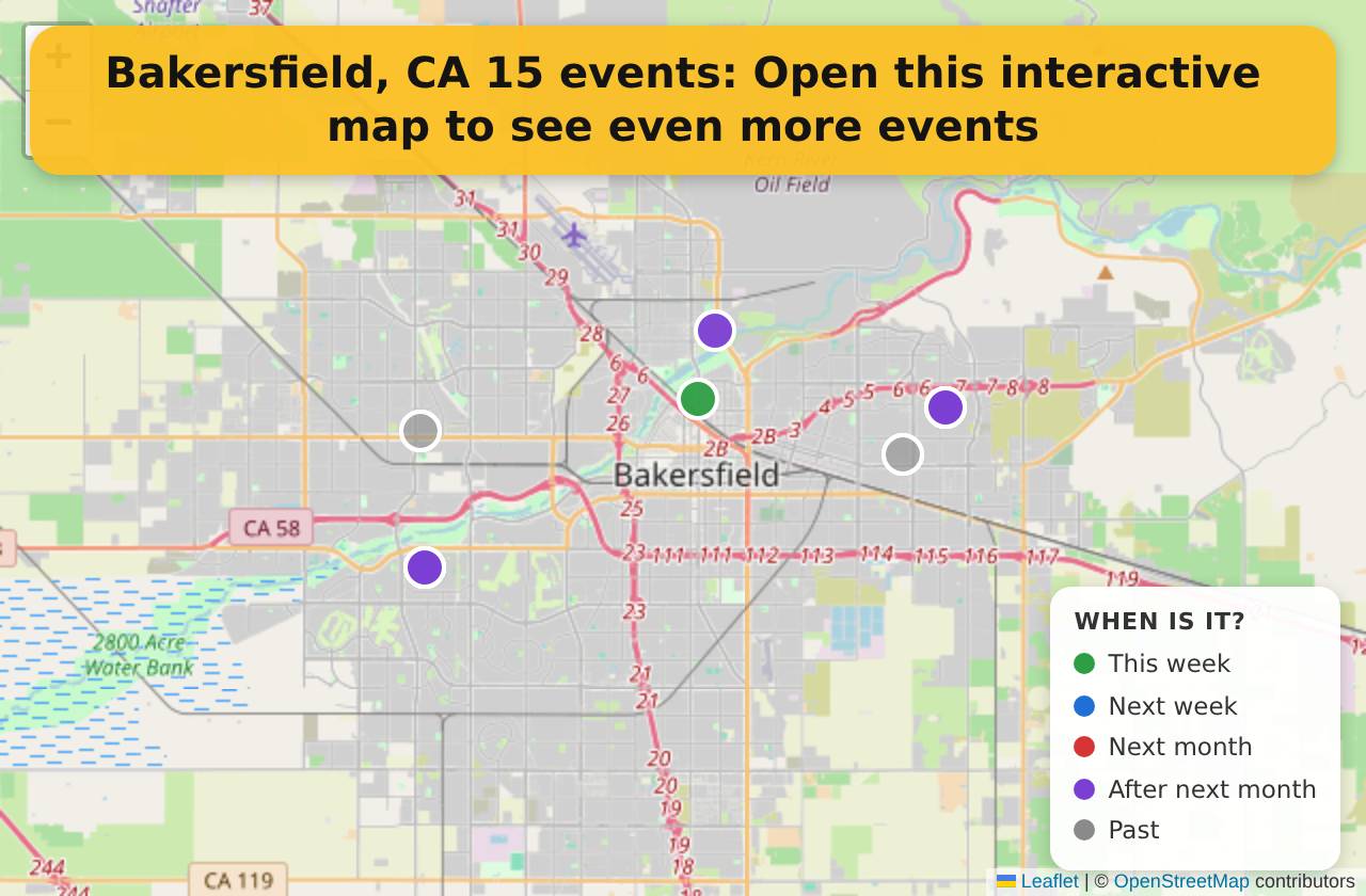 Map of events in Bakersfield, CA on the interactive EVENTULIST map