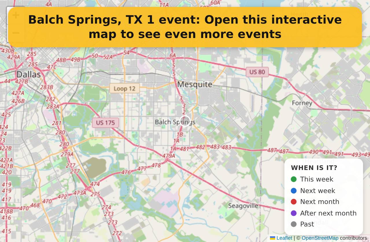 Map of events in Balch Springs, TX on the interactive EVENTULIST map