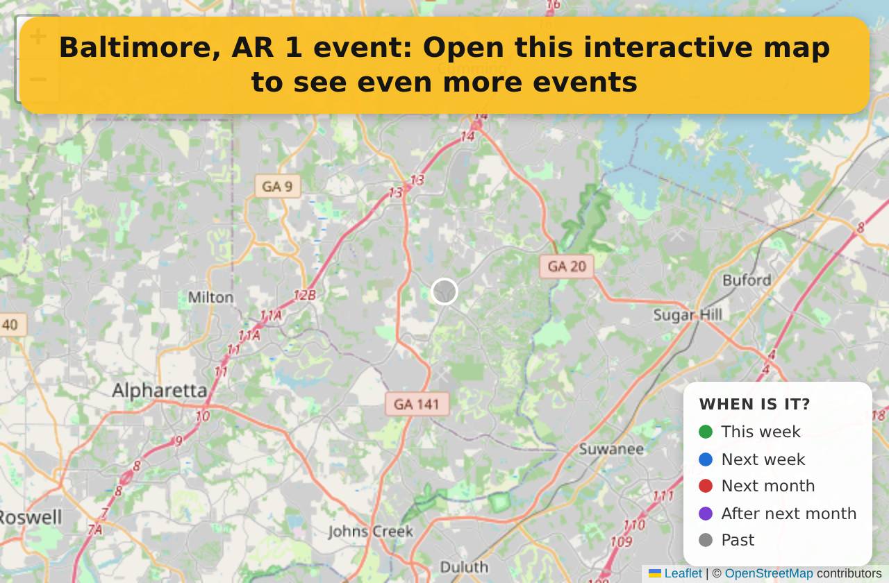 Map of events in Baltimore, AR on the interactive EVENTULIST map
