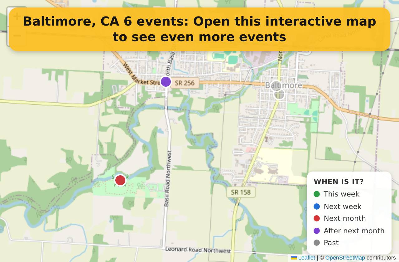 Map of events in Baltimore, CA on the interactive EVENTULIST map