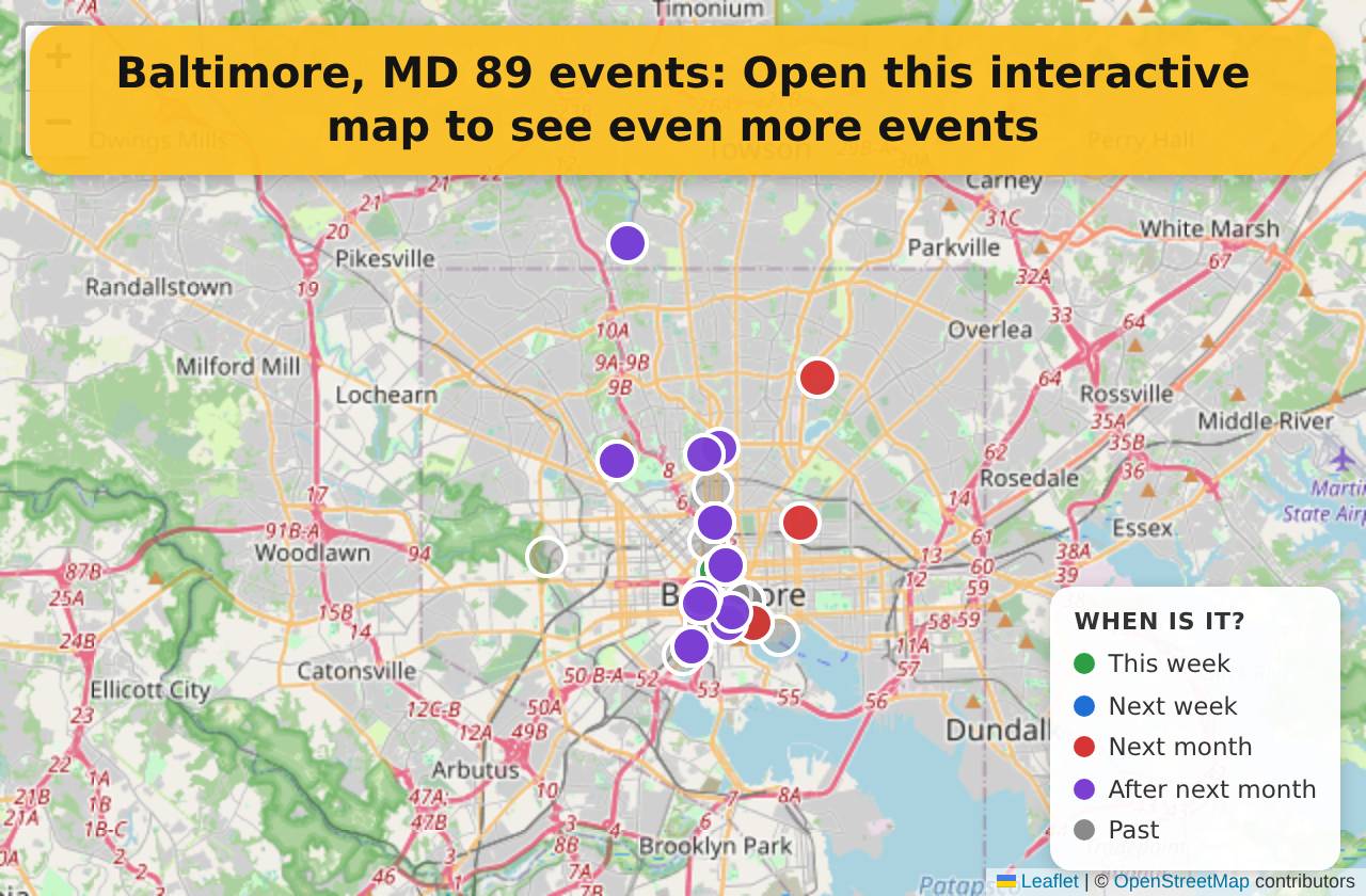 Map of events in Baltimore, MD on the interactive EVENTULIST map