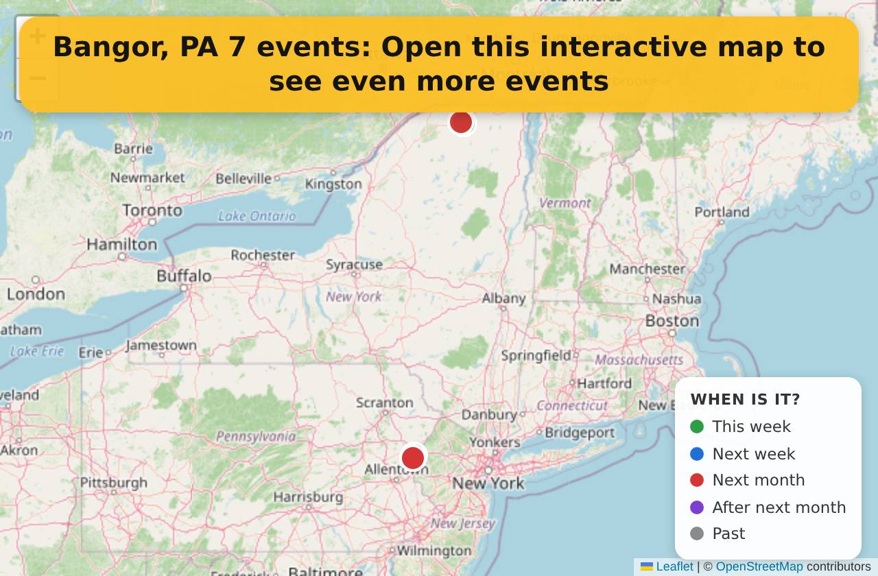 Map of events in Bangor, PA on the interactive EVENTULIST map