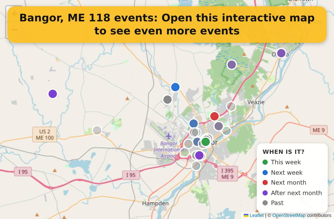 Map of events in Bangor, ME on the interactive EVENTULIST map