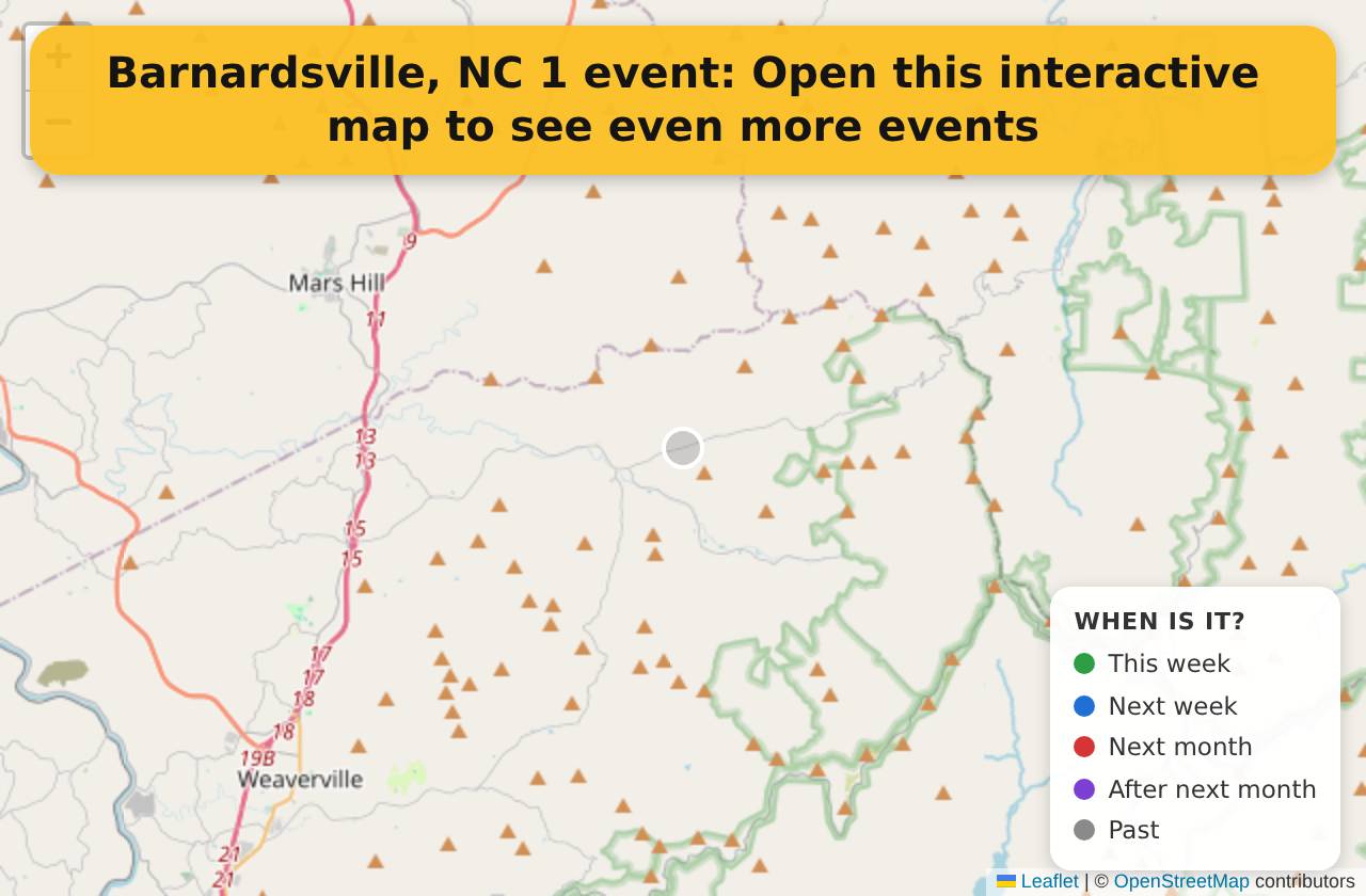 Map of events in Barnardsville, NC on the interactive EVENTULIST map