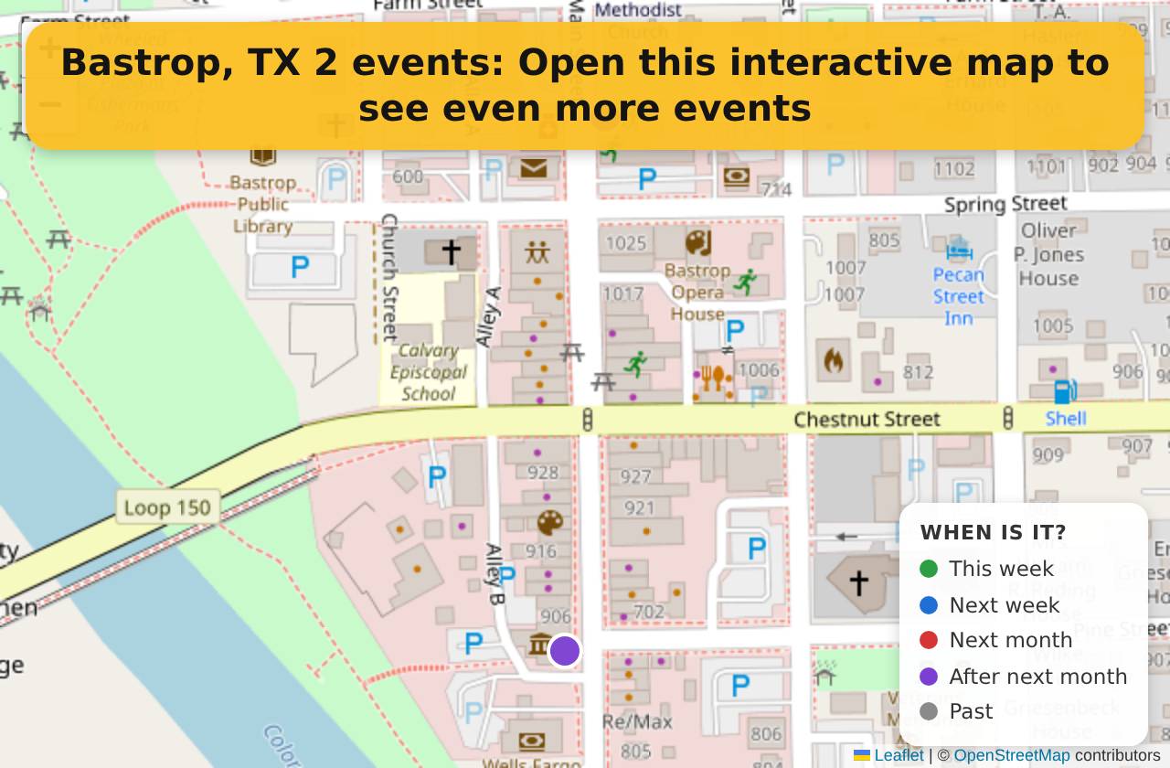 Map of events in Bastrop, TX on the interactive EVENTULIST map