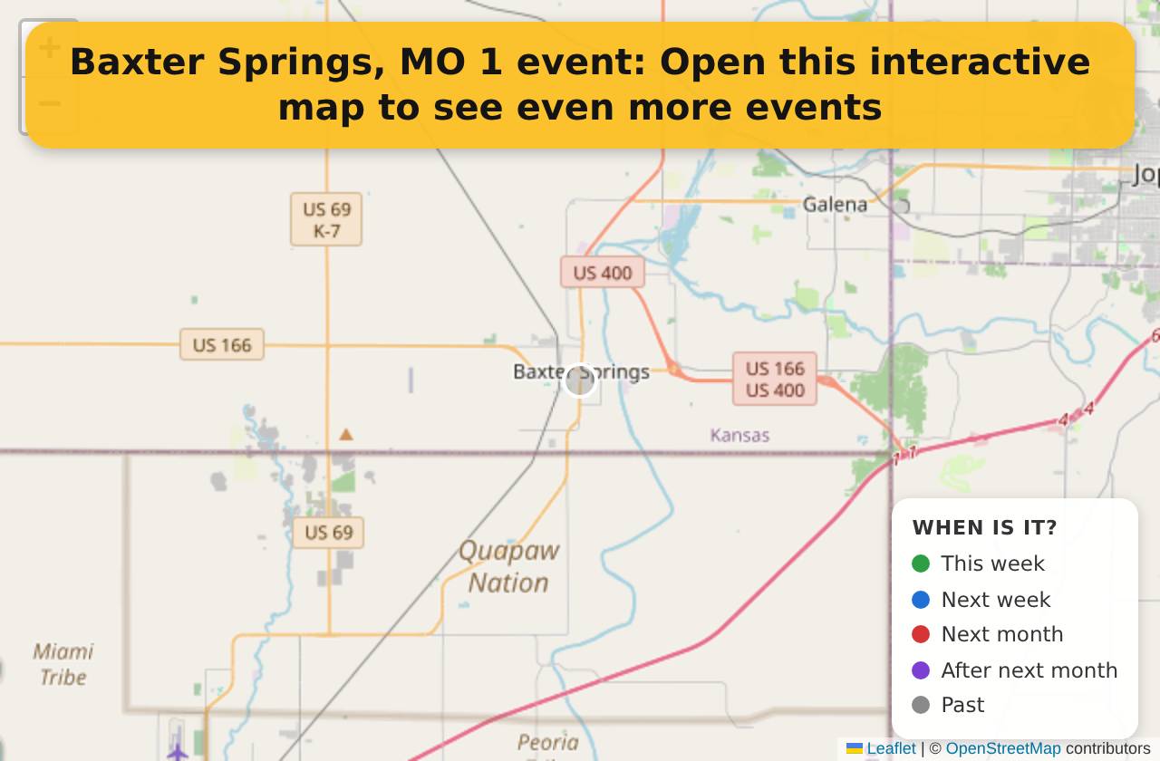 Map of events in Baxter Springs, MO on the interactive EVENTULIST map