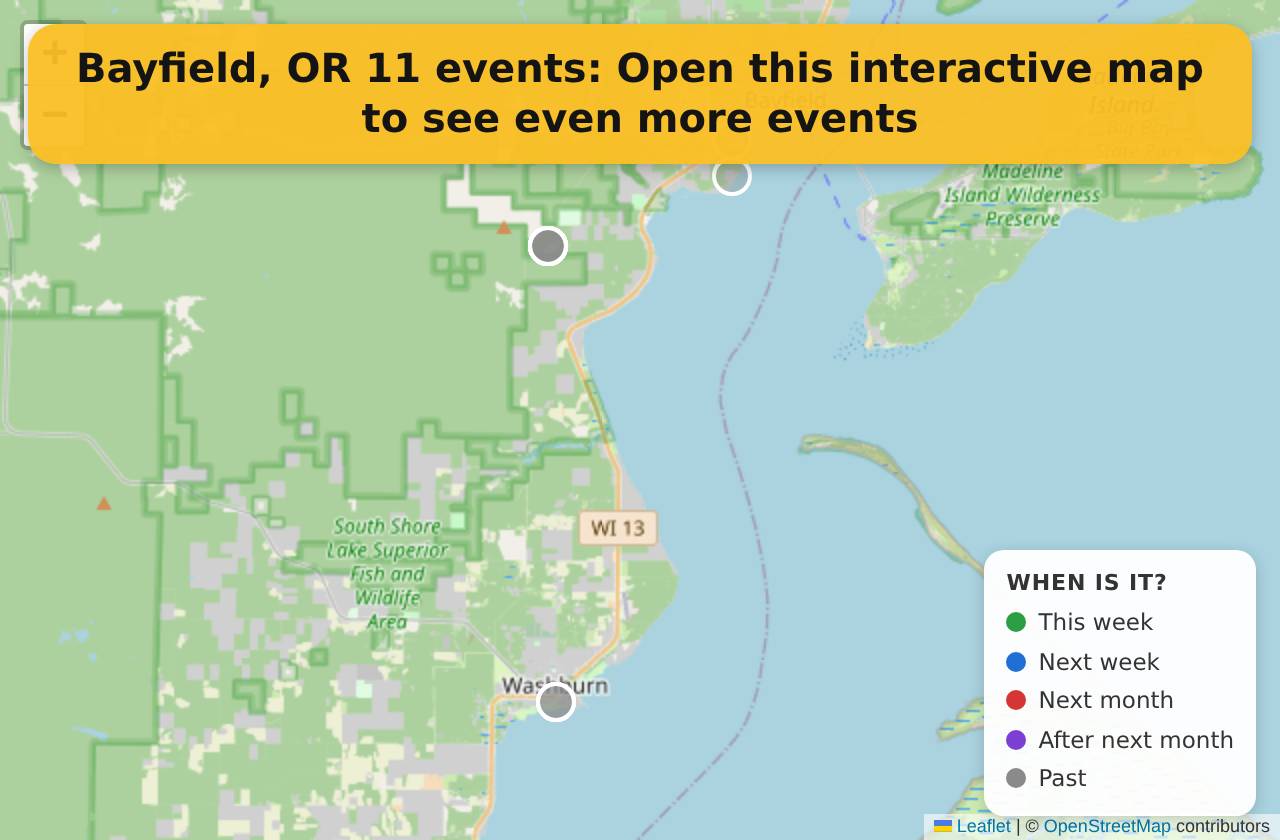 Map of events in Bayfield, OR on the interactive EVENTULIST map