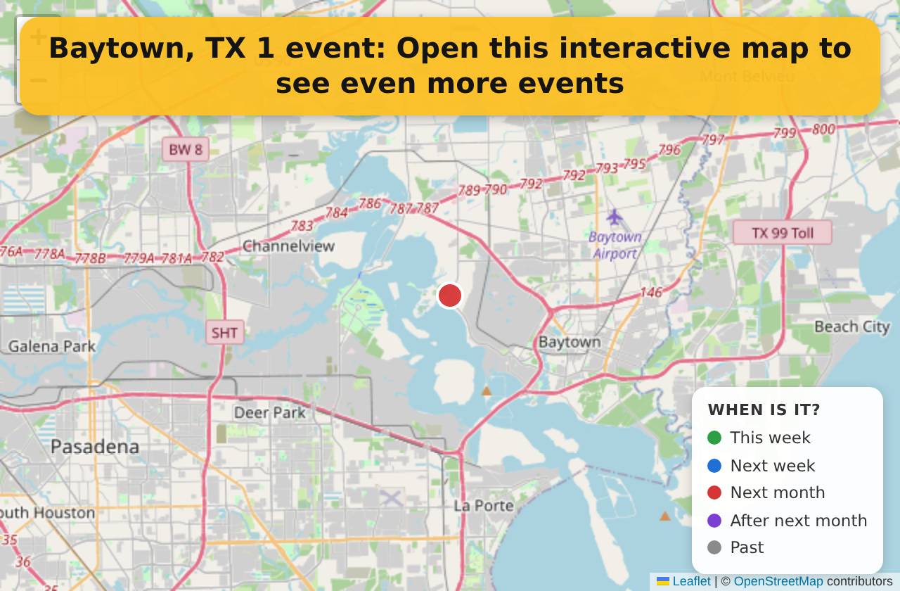 Map of events in Baytown, TX on the interactive EVENTULIST map