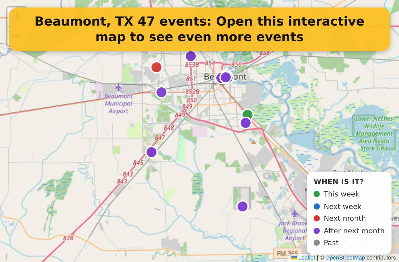 Map of events in Beaumont, TX on the interactive EVENTULIST map