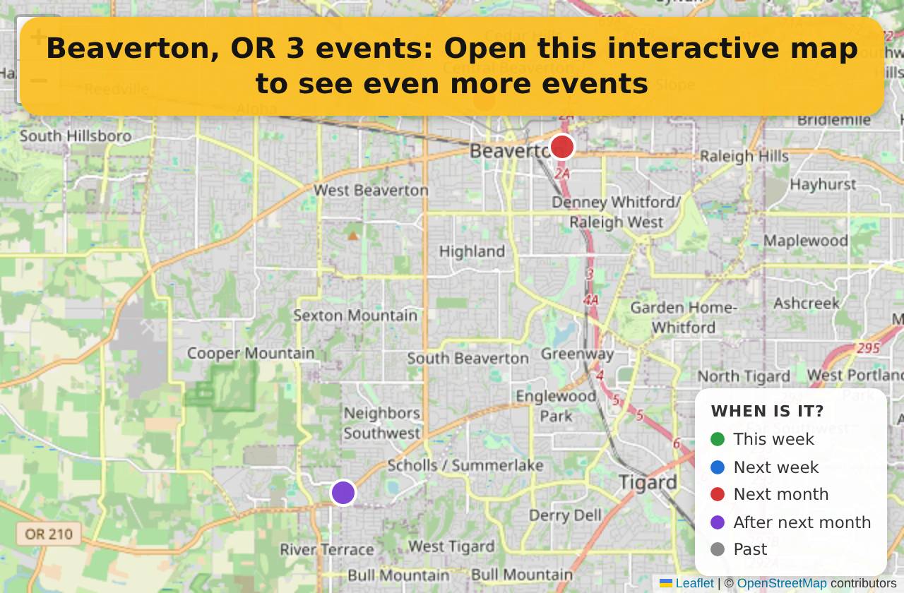 Map of events in Beaverton, OR on the interactive EVENTULIST map
