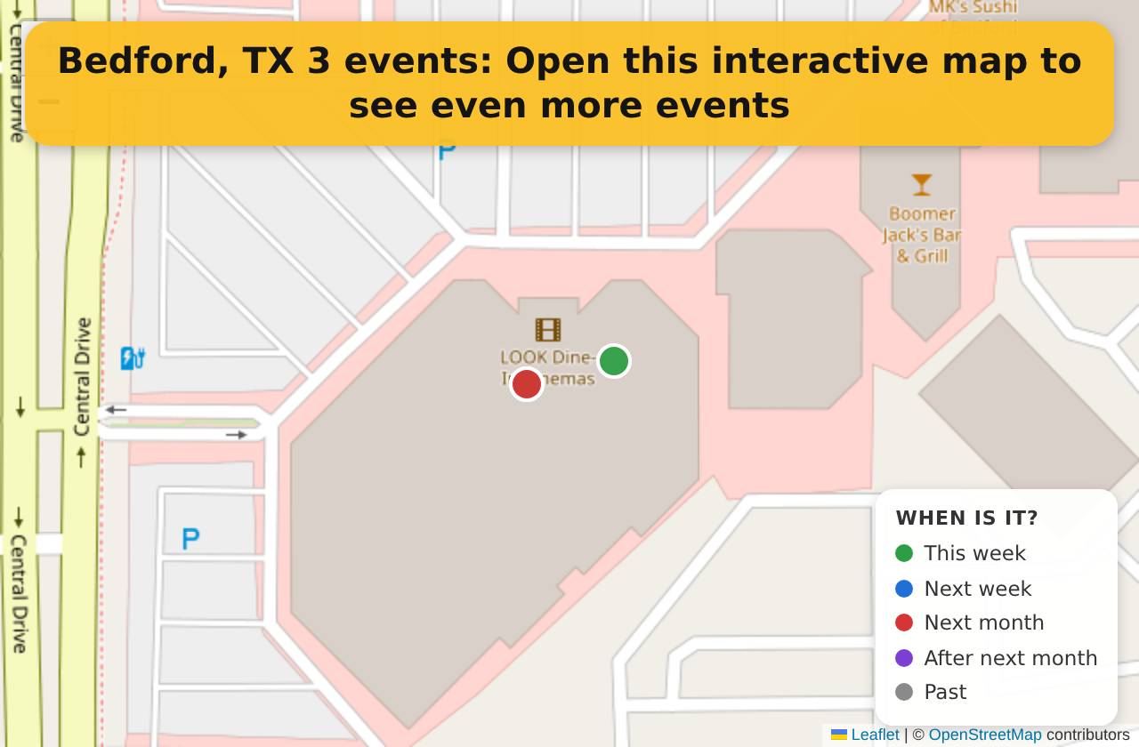 Map of events in Bedford, TX on the interactive EVENTULIST map