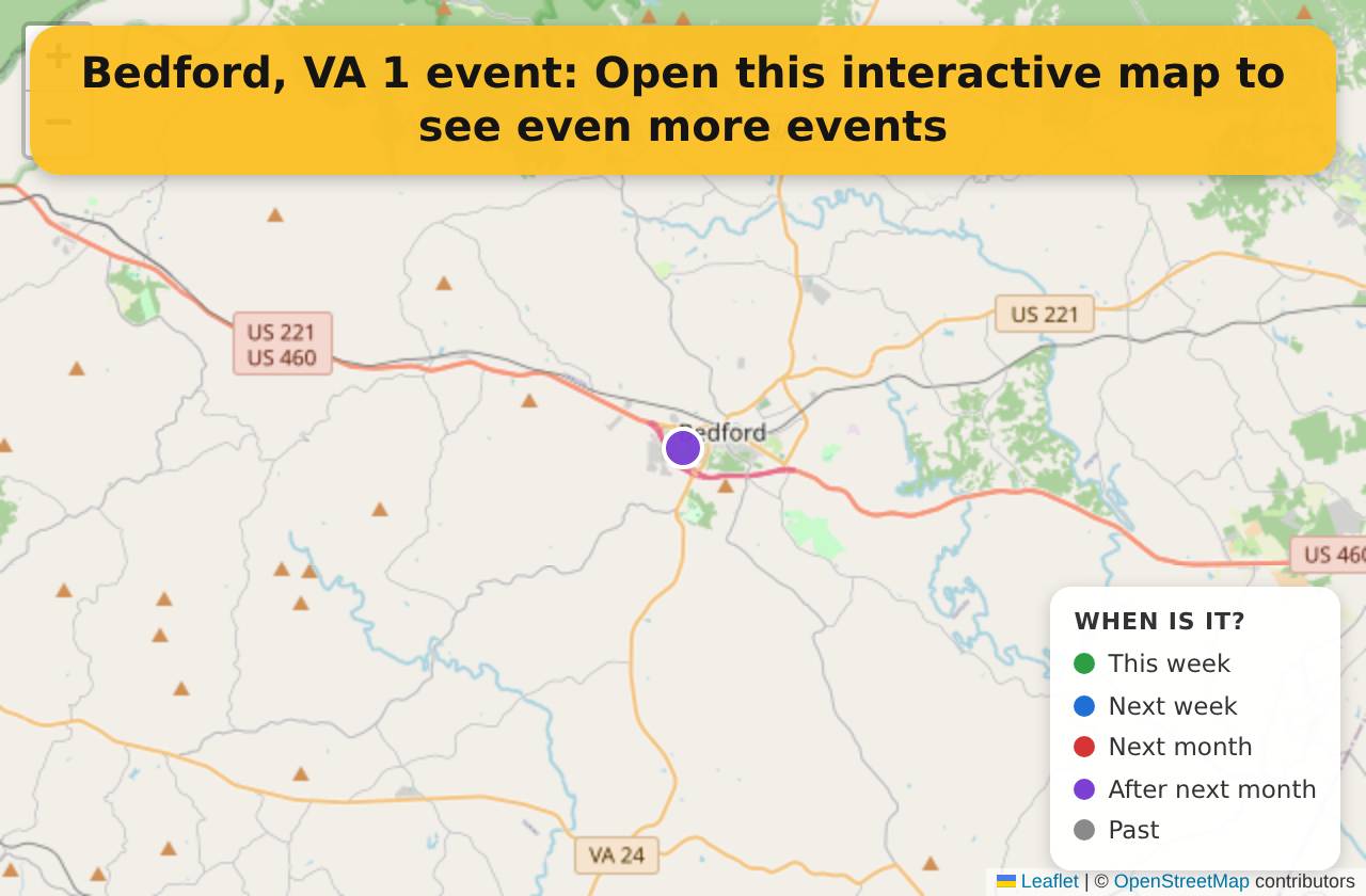 Map of events in Bedford, VA on the interactive EVENTULIST map