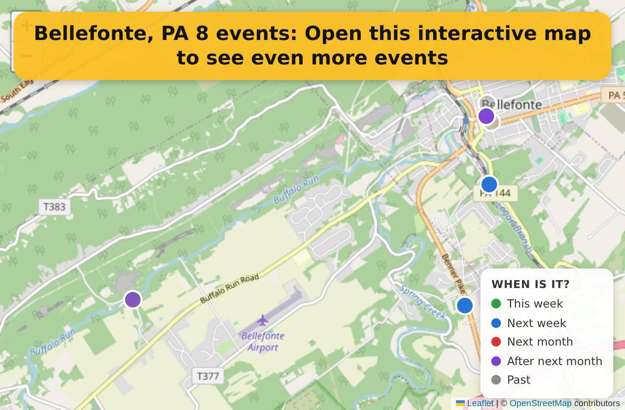 Map of events in Bellefonte, PA on the interactive EVENTULIST map
