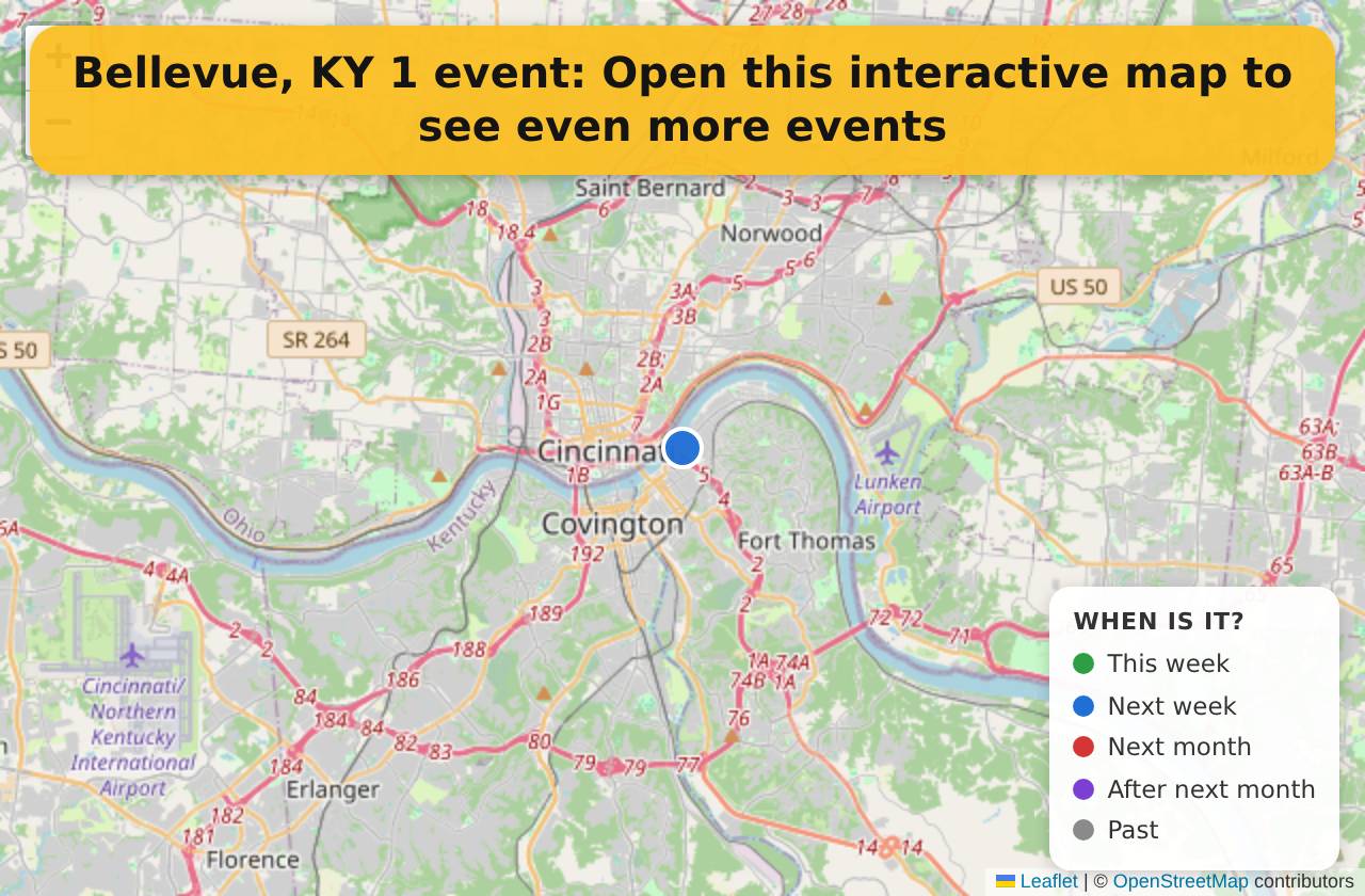 Map of events in Bellevue, KY on the interactive EVENTULIST map