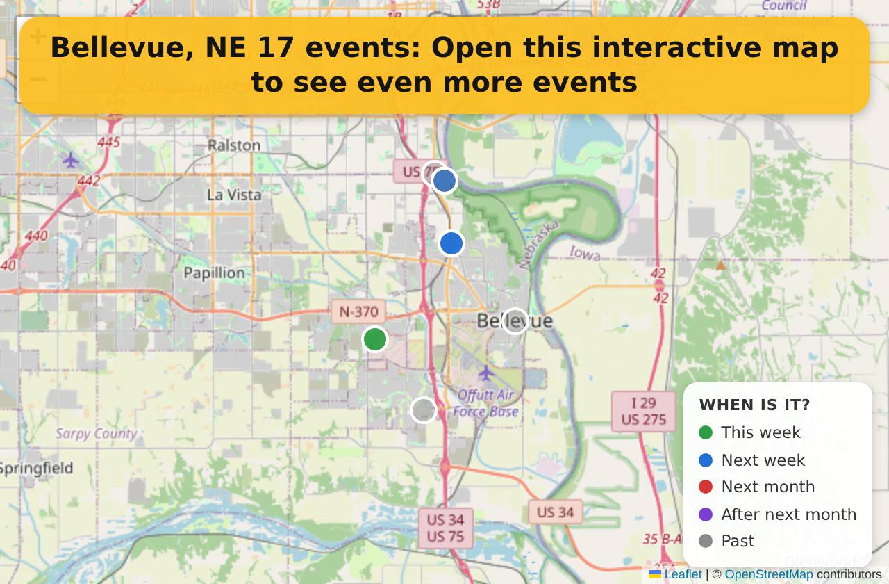 Map of events in Bellevue, NE on the interactive EVENTULIST map