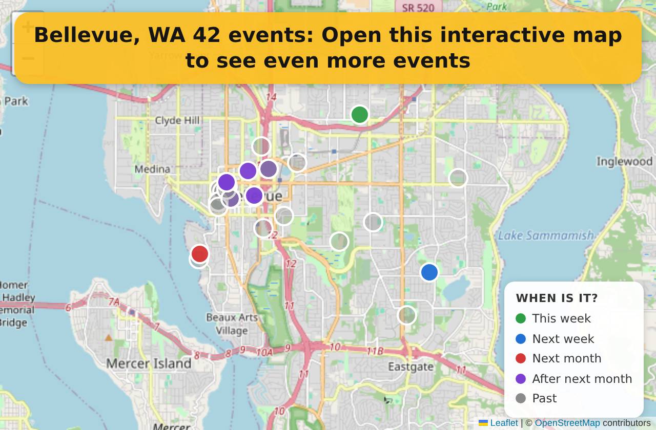 Map of events in Bellevue, WA on the interactive EVENTULIST map