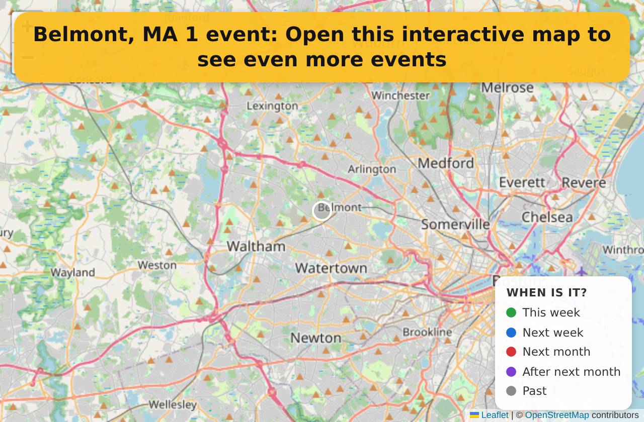 Map of events in Belmont, MA on the interactive EVENTULIST map