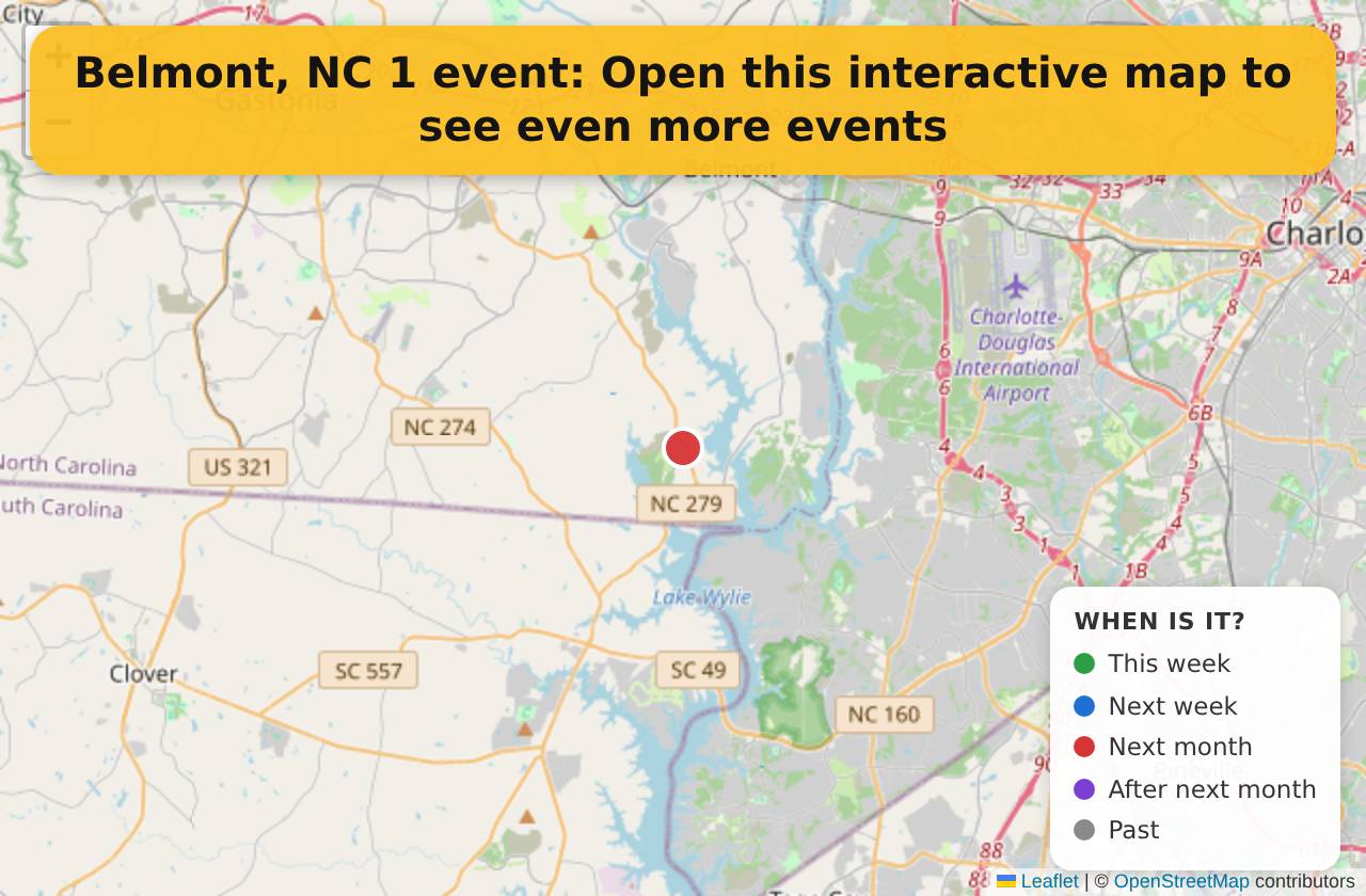 Map of events in Belmont, NC on the interactive EVENTULIST map