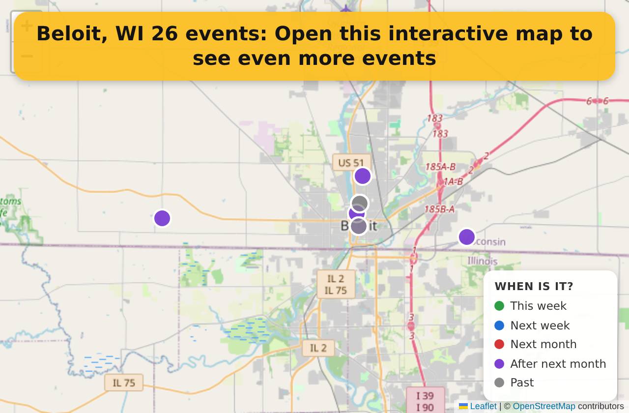 Map of events in Beloit, WI on the interactive EVENTULIST map