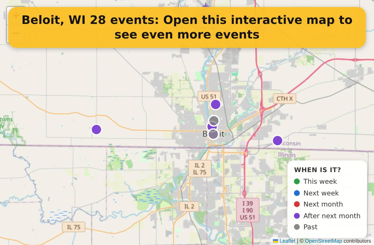 Map of events in Beloit, WI on the interactive EVENTULIST map