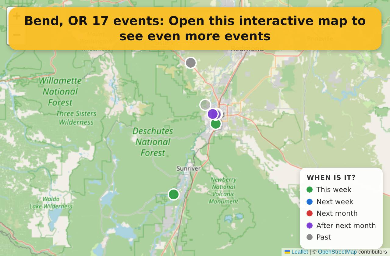 Map of events in Bend, OR on the interactive EVENTULIST map