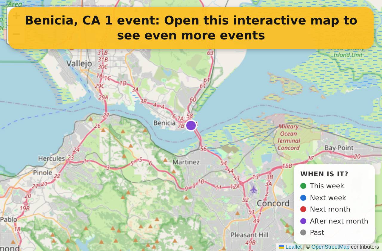 Map of events in Benicia, CA on the interactive EVENTULIST map