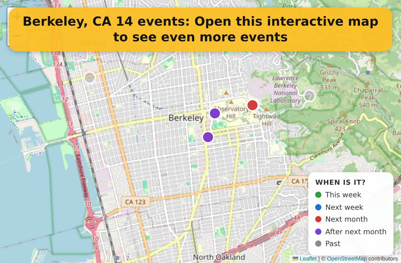 Map of events in Berkeley, CA on the interactive EVENTULIST map