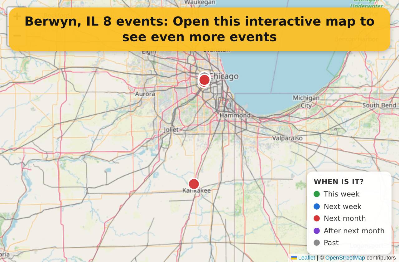 Map of events in Berwyn, IL on the interactive EVENTULIST map