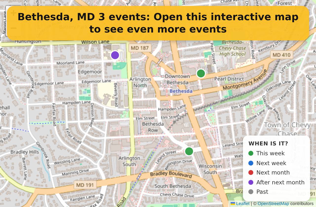 Map of events in Bethesda, MD on the interactive EVENTULIST map