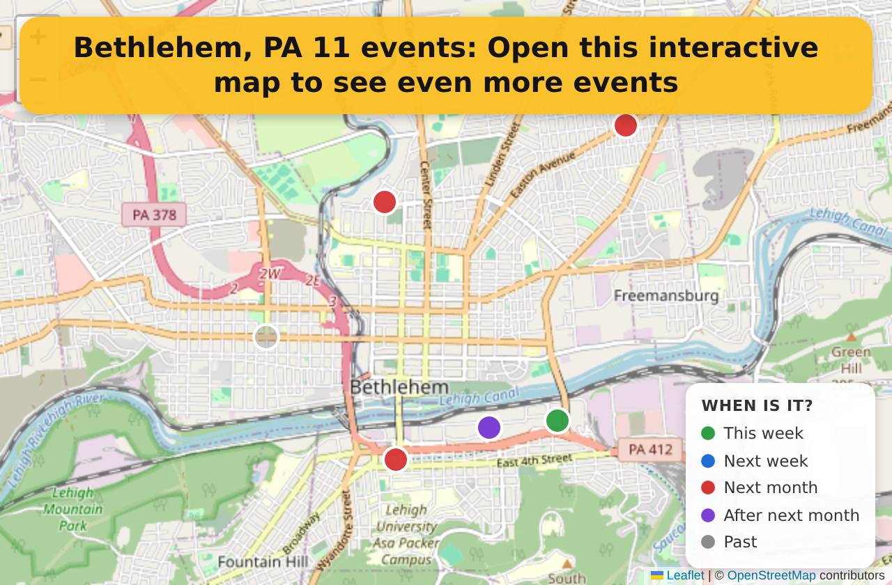 Map of events in Bethlehem, PA on the interactive EVENTULIST map