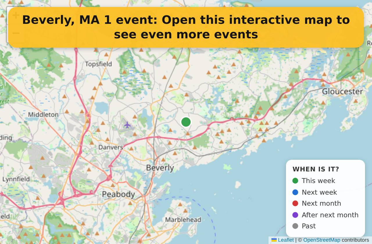 Map of events in Beverly, MA on the interactive EVENTULIST map