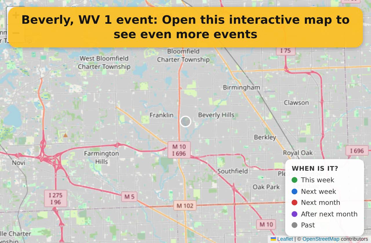 Map of events in Beverly, WV on the interactive EVENTULIST map