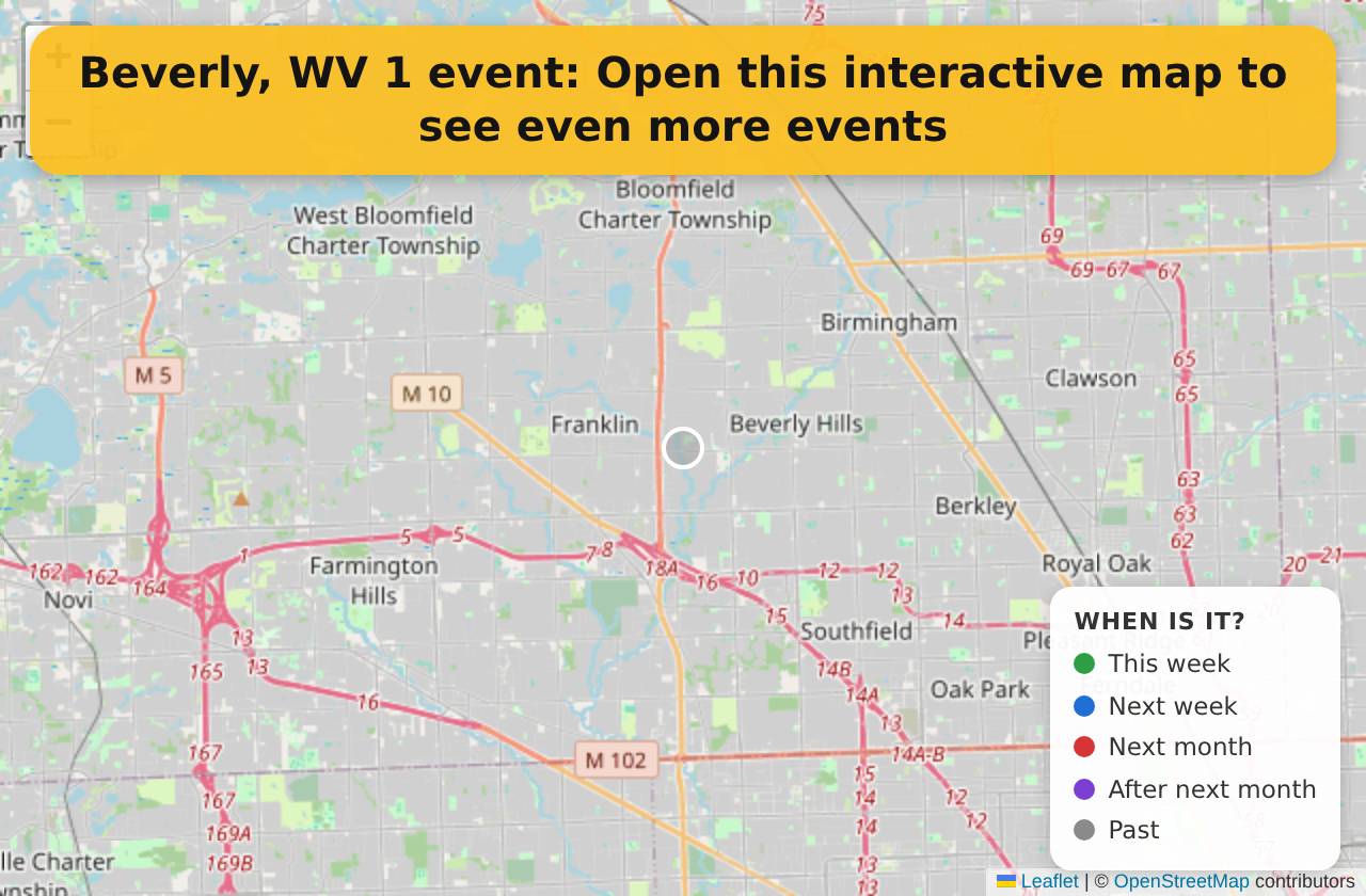 Map of events in Beverly, WV on the interactive EVENTULIST map