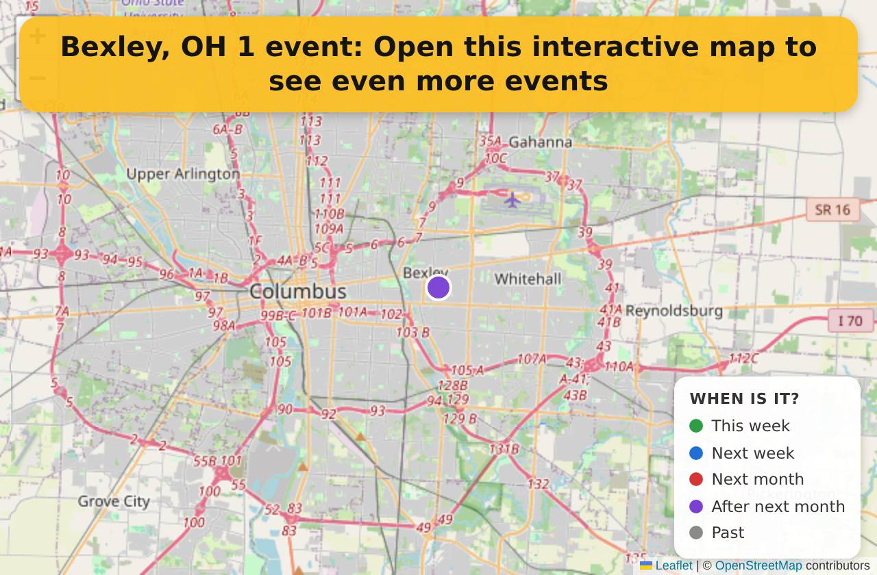 Map of events in Bexley, OH on the interactive EVENTULIST map