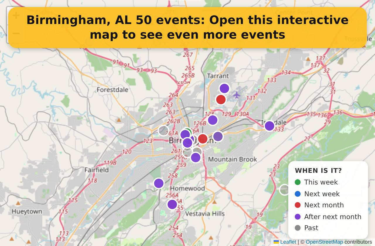 Map of events in Birmingham, AL on the interactive EVENTULIST map