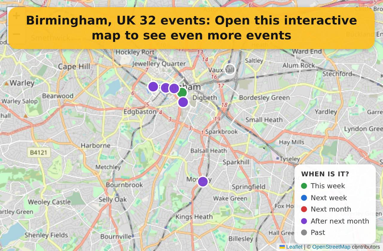 Map of events in Birmingham, UK on the interactive EVENTULIST map