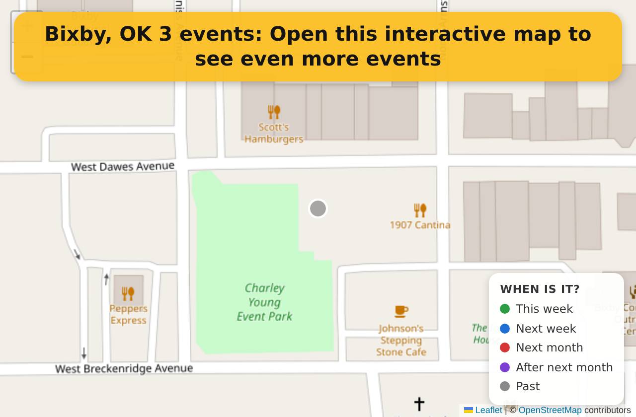 Map of events in Bixby, OK on the interactive EVENTULIST map