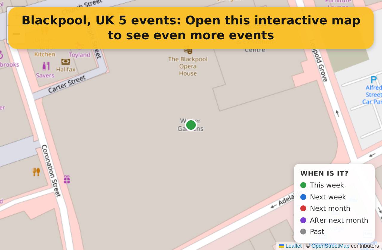 Map of events in Blackpool, UK on the interactive EVENTULIST map