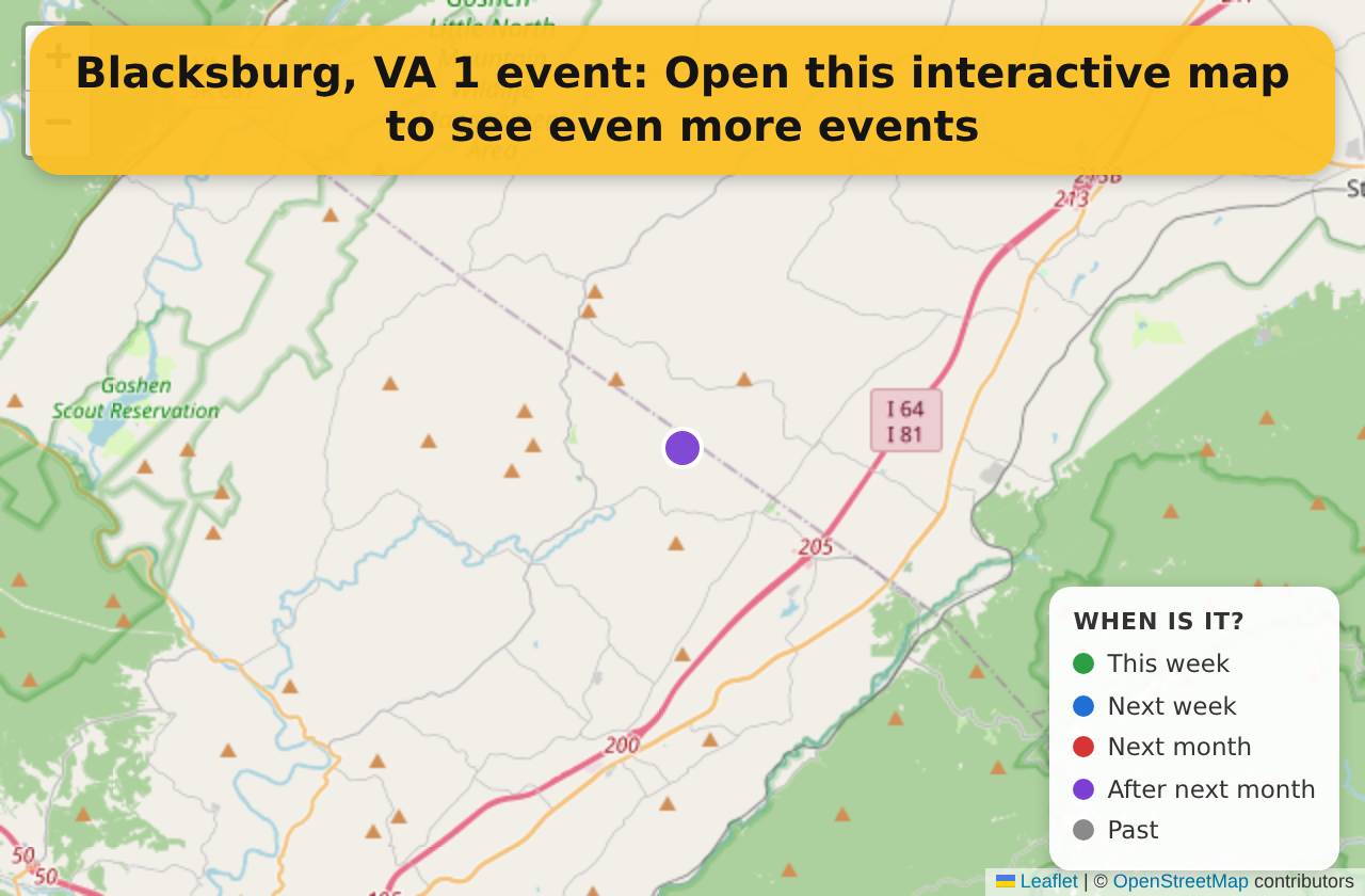 Map of events in Blacksburg, VA on the interactive EVENTULIST map