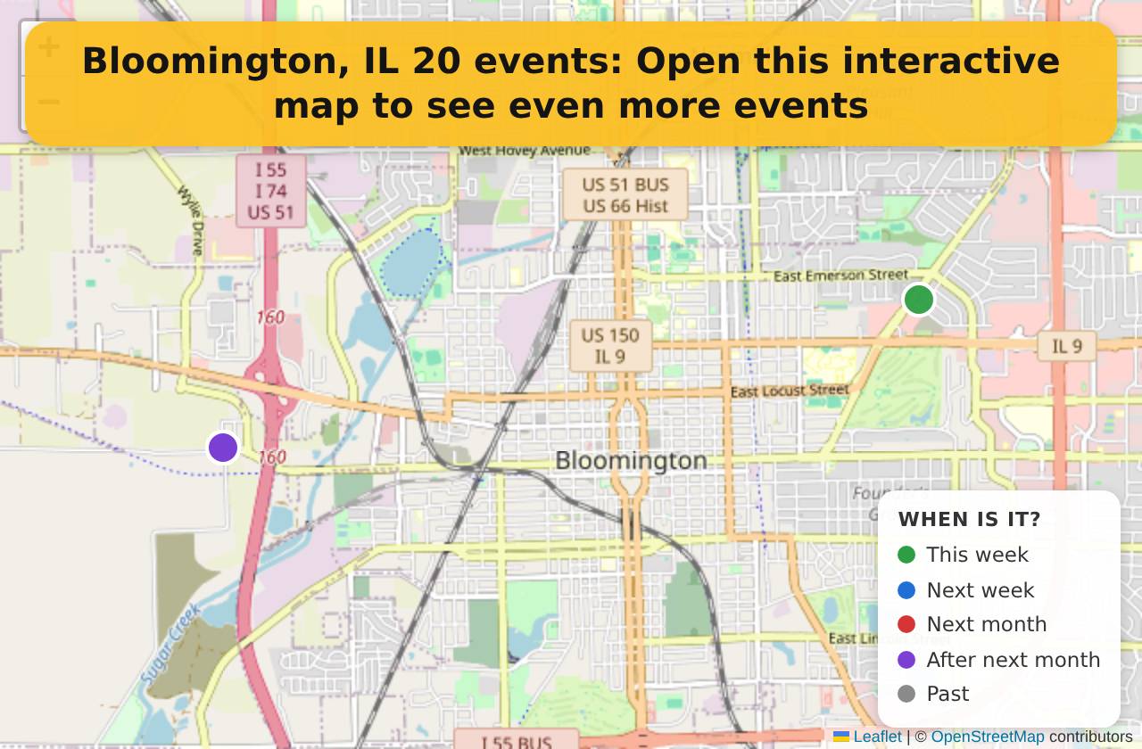 Map of events in Bloomington, IL on the interactive EVENTULIST map