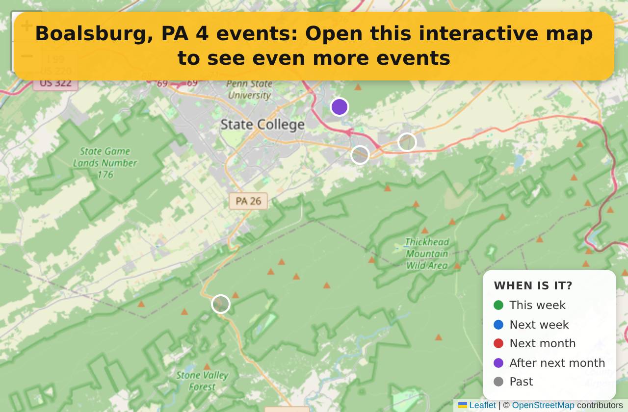 Map of events in Boalsburg, PA on the interactive EVENTULIST map