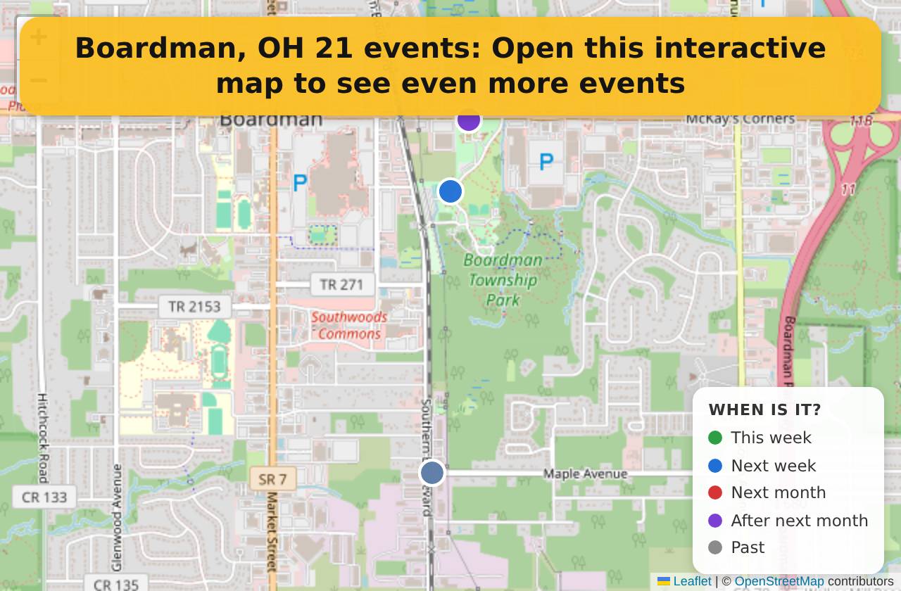 Map of events in Boardman, OH on the interactive EVENTULIST map