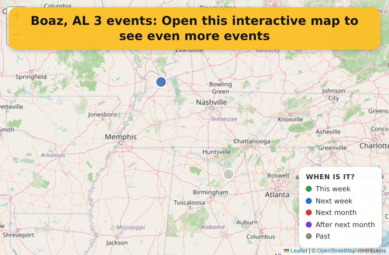 Map of events in Boaz, AL on the interactive EVENTULIST map