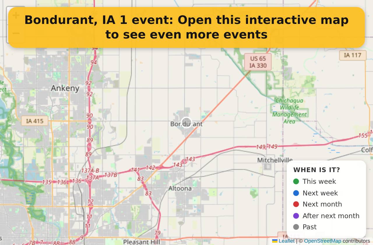 Map of events in Bondurant, IA on the interactive EVENTULIST map