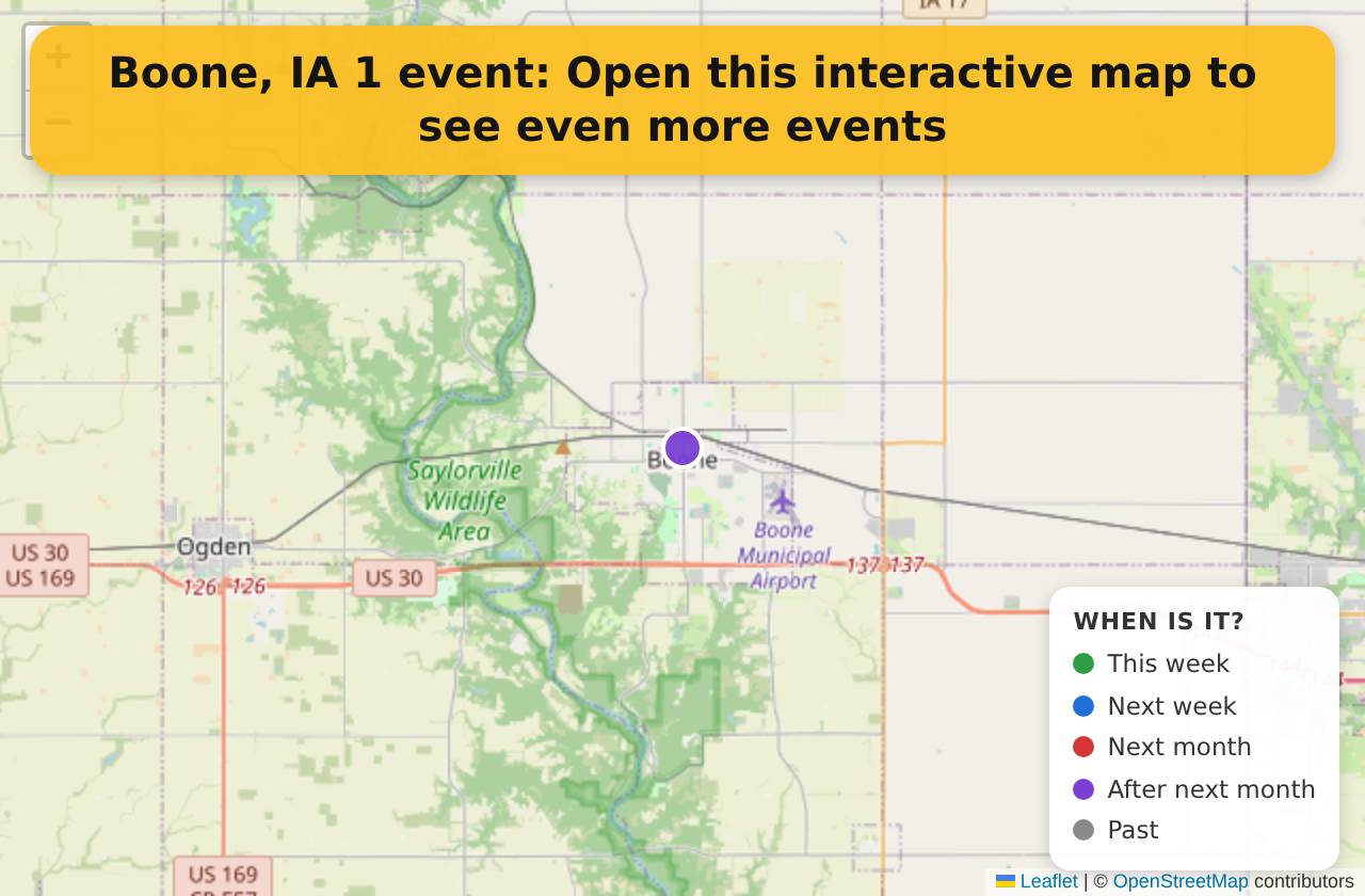Map of events in Boone, IA on the interactive EVENTULIST map