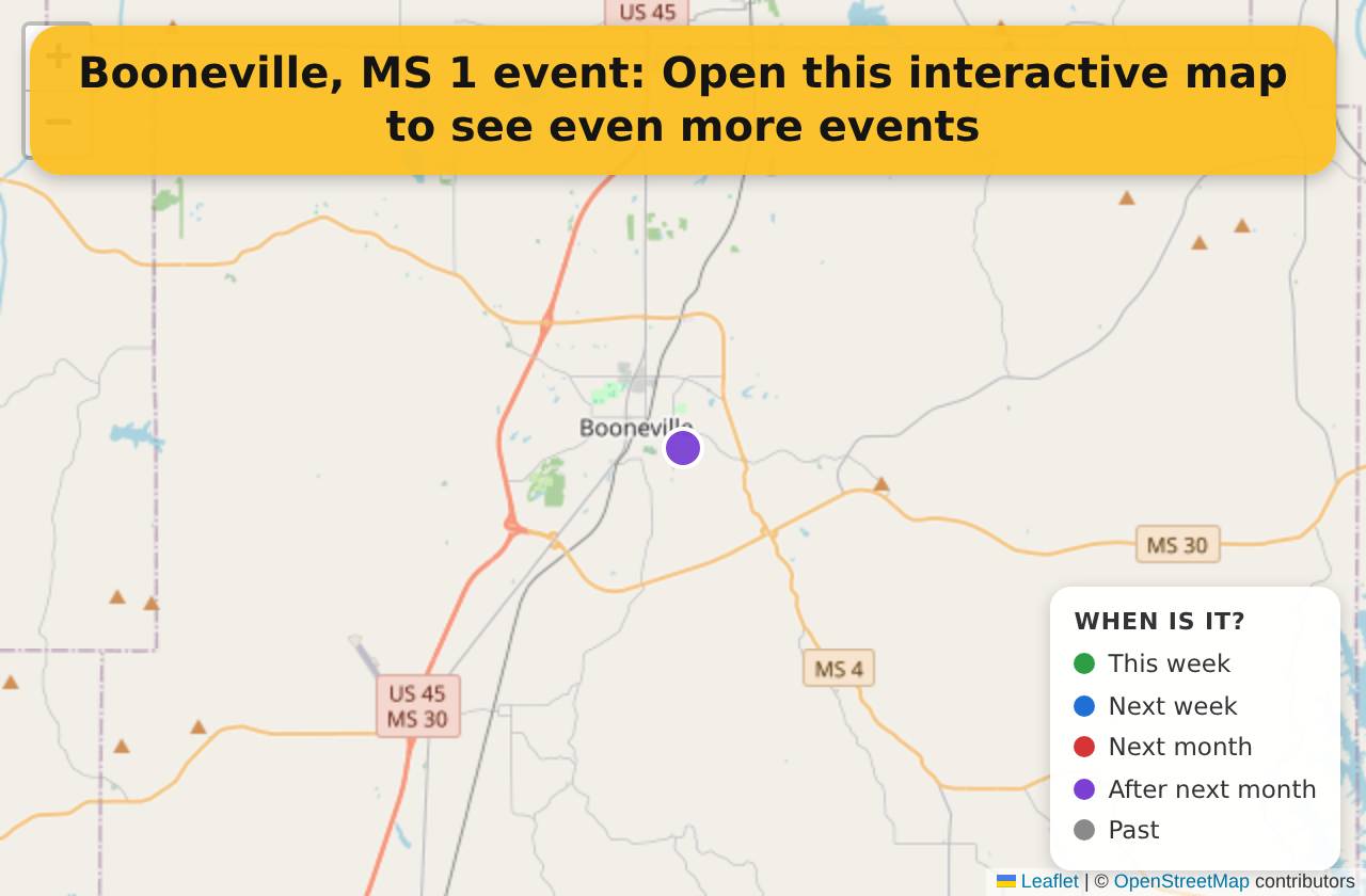 Map of events in Booneville, MS on the interactive EVENTULIST map