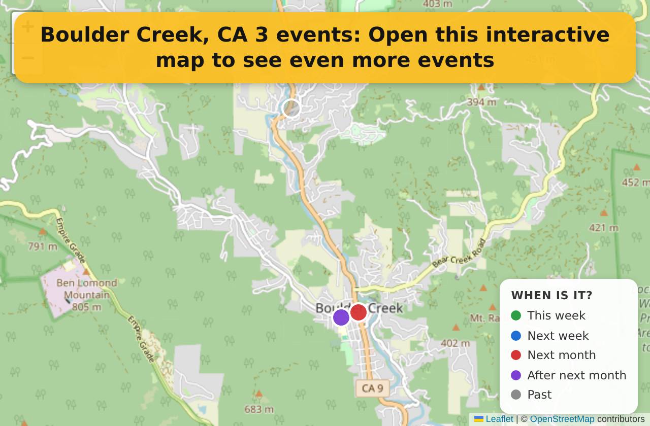 Map of events in Boulder Creek, CA on the interactive EVENTULIST map