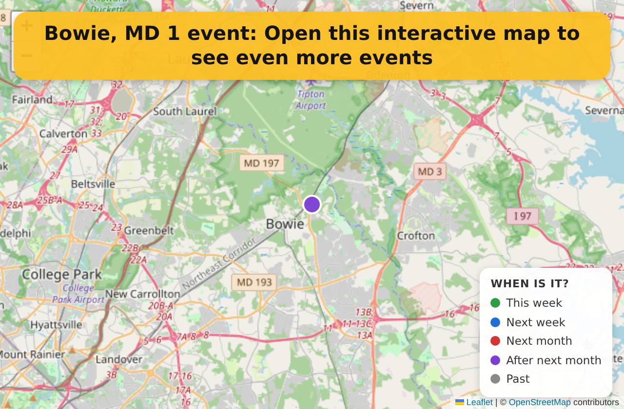 Map of events in Bowie, MD on the interactive EVENTULIST map