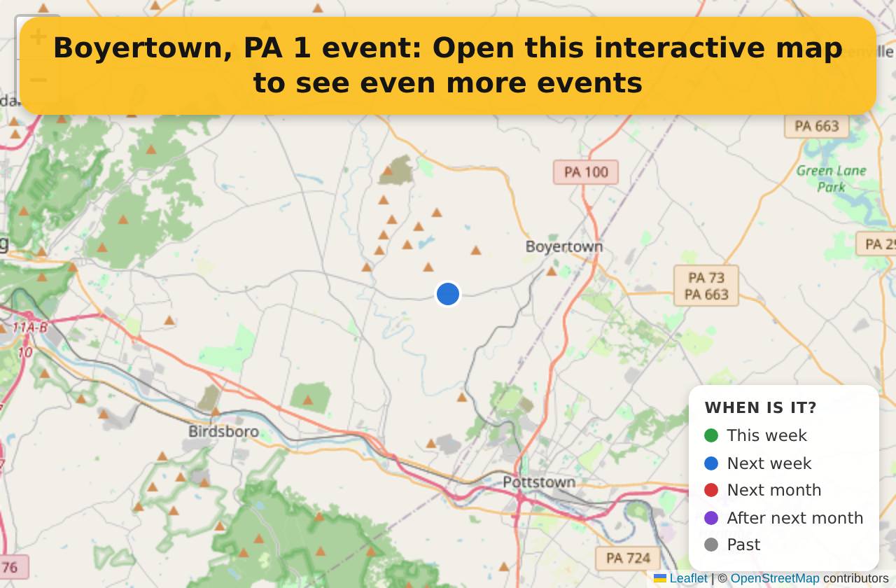 Map of events in Boyertown, PA on the interactive EVENTULIST map