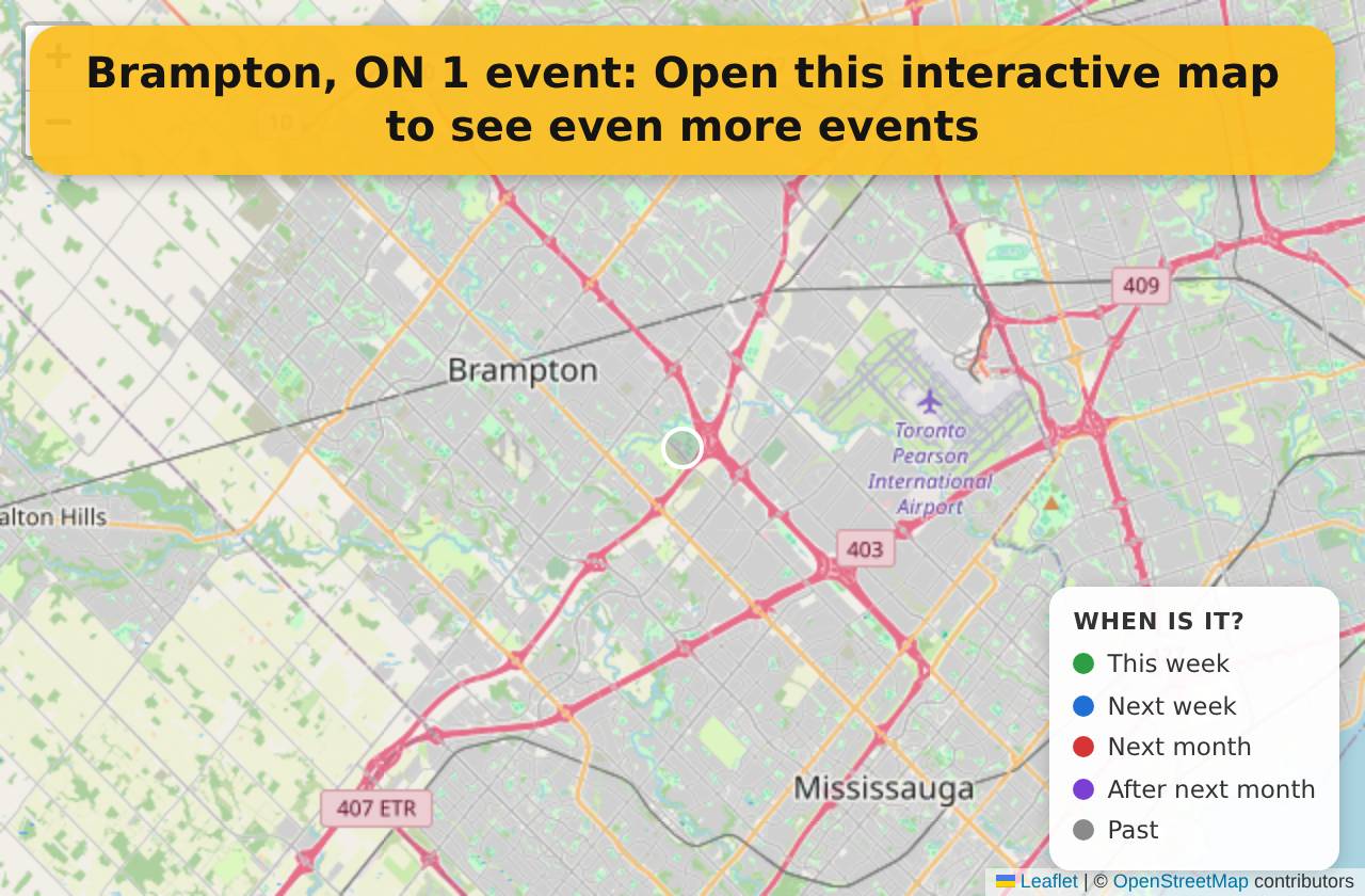 Map of events in Brampton, ON on the interactive EVENTULIST map